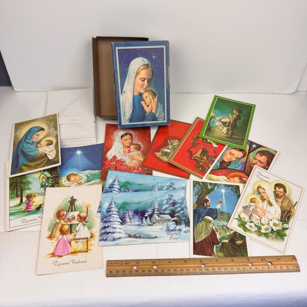 Vtg Christmas cards w Box Polish language unused upcycle art craft junk journal